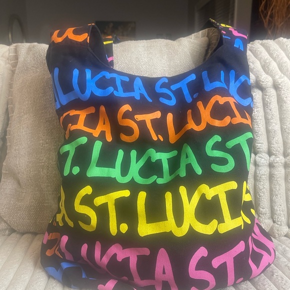 Multicolor Graffiti Print Black Tote - St. Lucia Script Beach Boho Bag - Picture 7 of 7